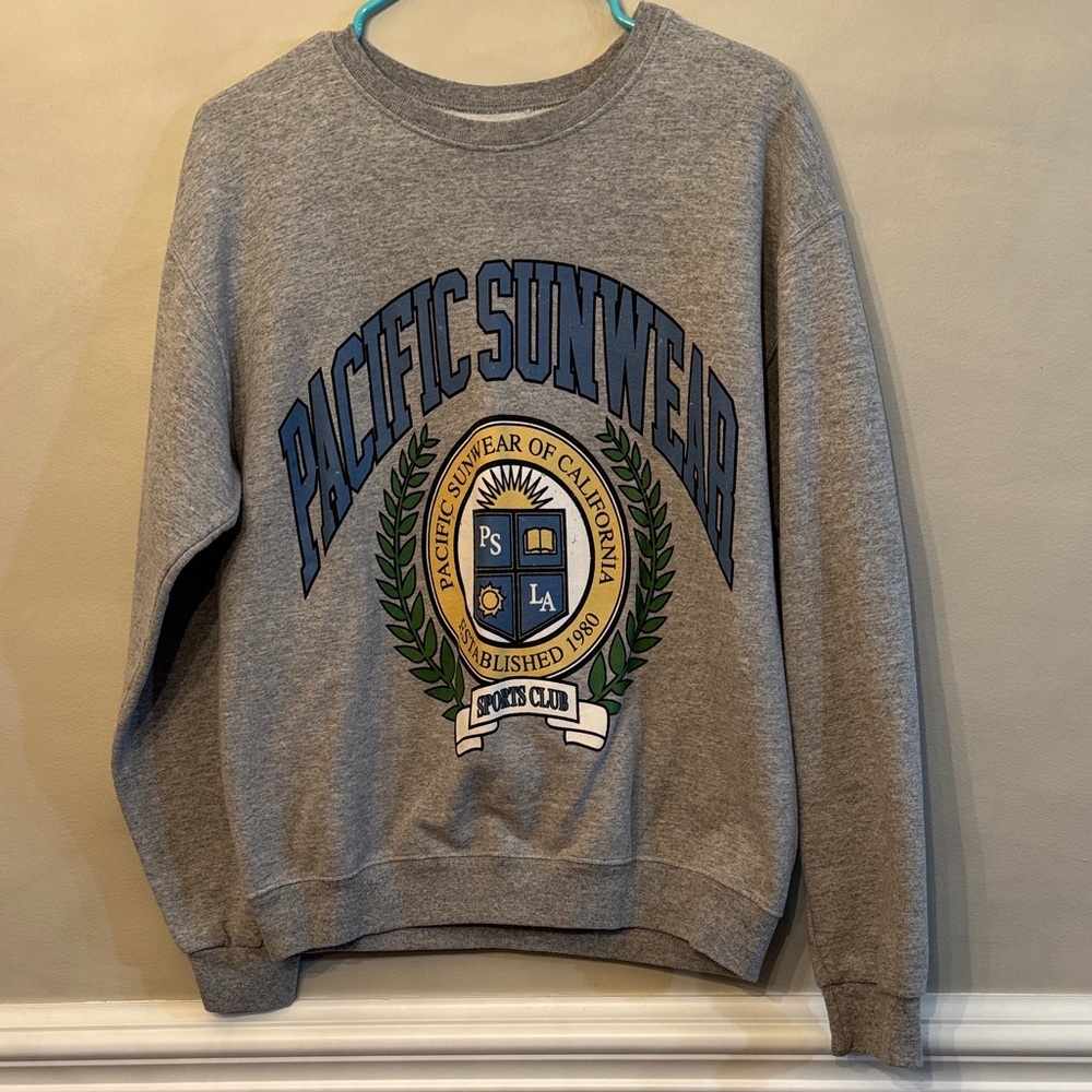 Pacific Sunwear Gray Crewneck with Blue and Gold Design